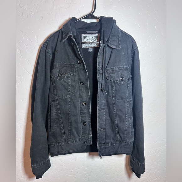 Fox Riders Denim Jean Mx Motorcycle Biker Black Hood Trucker Jacket Size Small - Picture 1 of 14